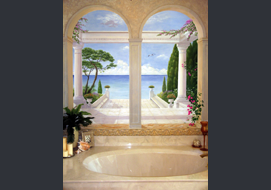 Original landscape mural (7'x 7') on a bathroom wall above the tub.