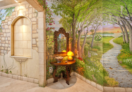 A trompe l’oeil tropical garden mural. All the walls and ceilings were painted to create a stunning atmosphere in a private condominium entrance hall.