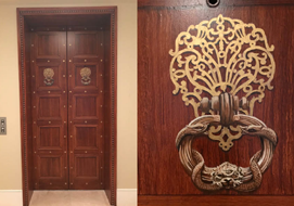 Elevator doors with woodgrained finish, Trompe L'oeil panels and embelished detail.