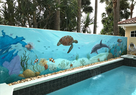 Original Coral Reef Mural on courtyard pool wall measuring 37' by 7'.